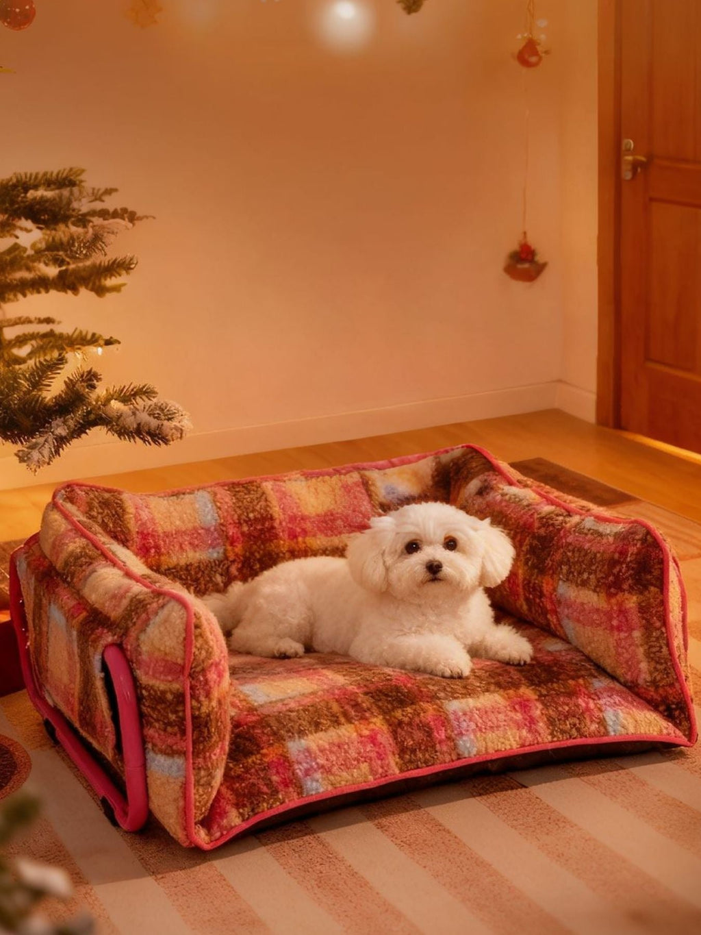 Cama sofá de peluche con estampado de cuadros para mascotas - Artículos HE