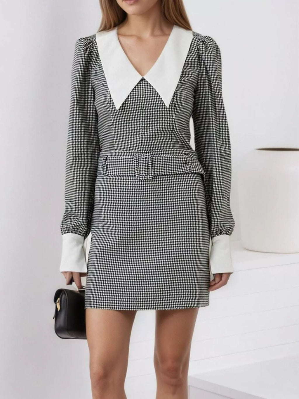 Contrast Collar Houndstooth Mini Dress - Artículos HE