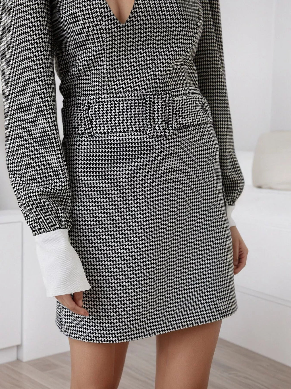 Contrast Collar Houndstooth Mini Dress - Artículos HE