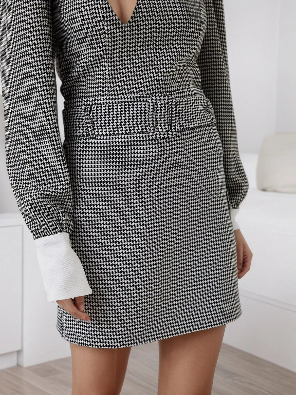 Contrast Collar Houndstooth Mini Dress - Artículos HE