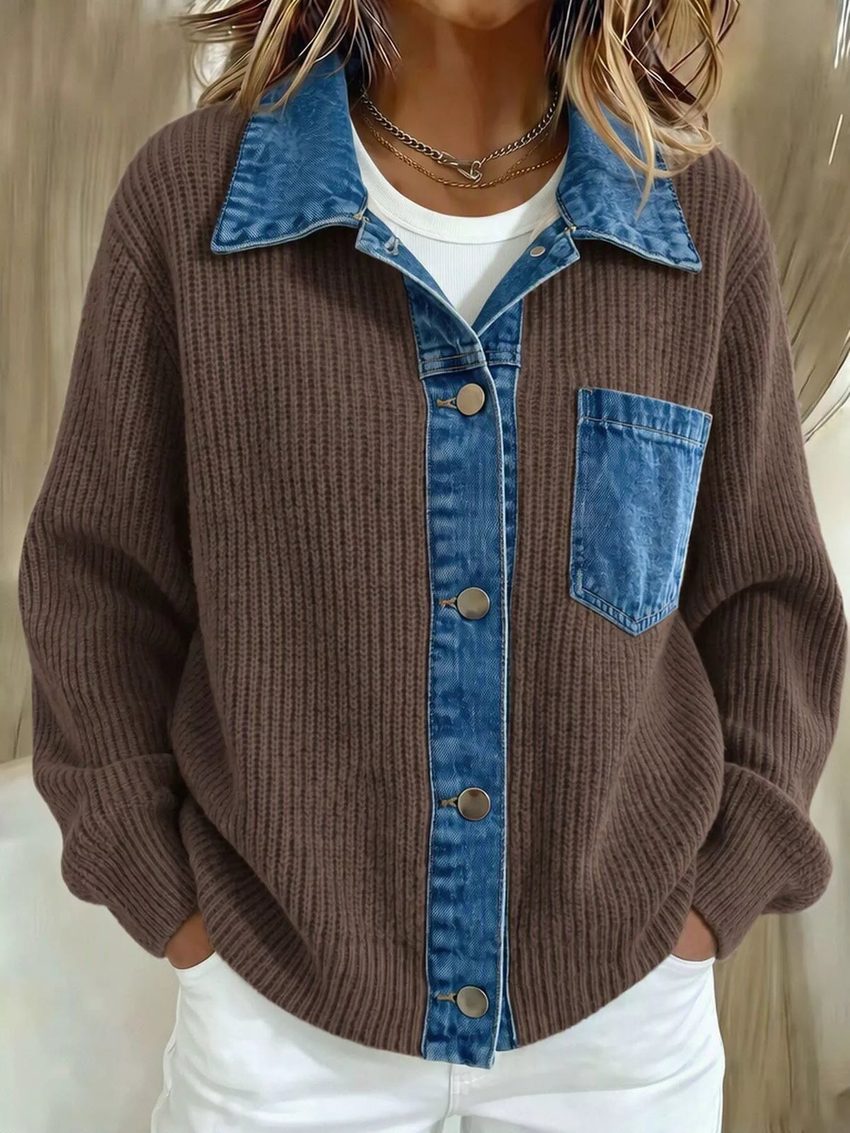 Denim Trim Button Up Cardigan - Artículos HE