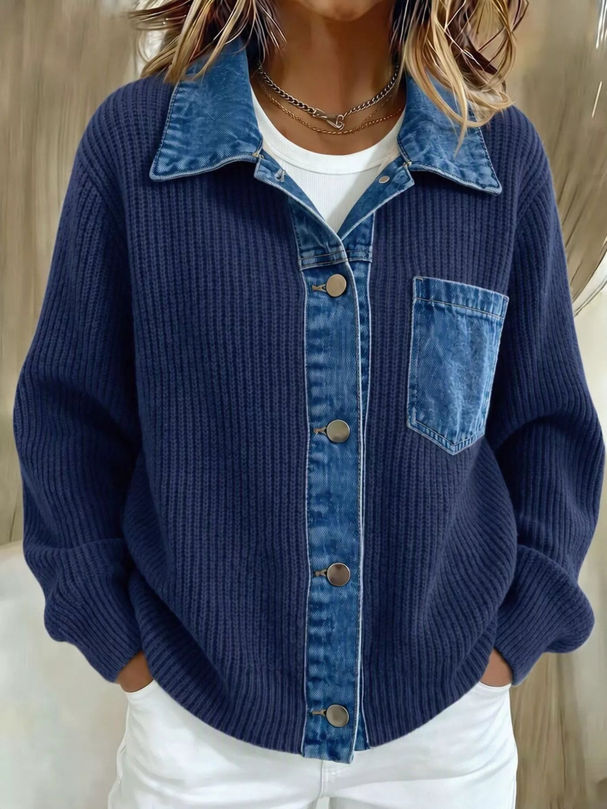 Denim Trim Button Up Cardigan - Artículos HE