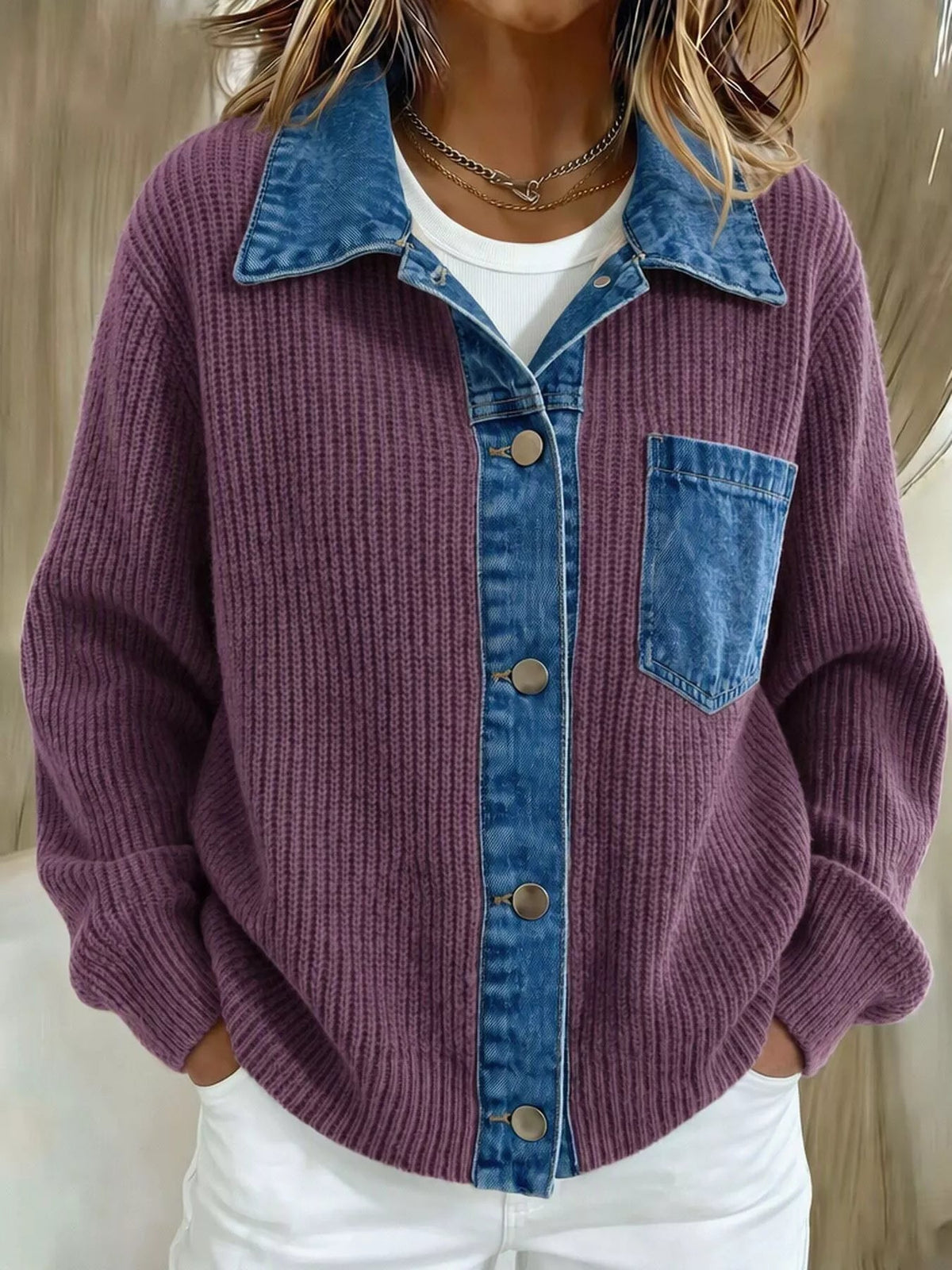 Denim Trim Button Up Cardigan - Artículos HE