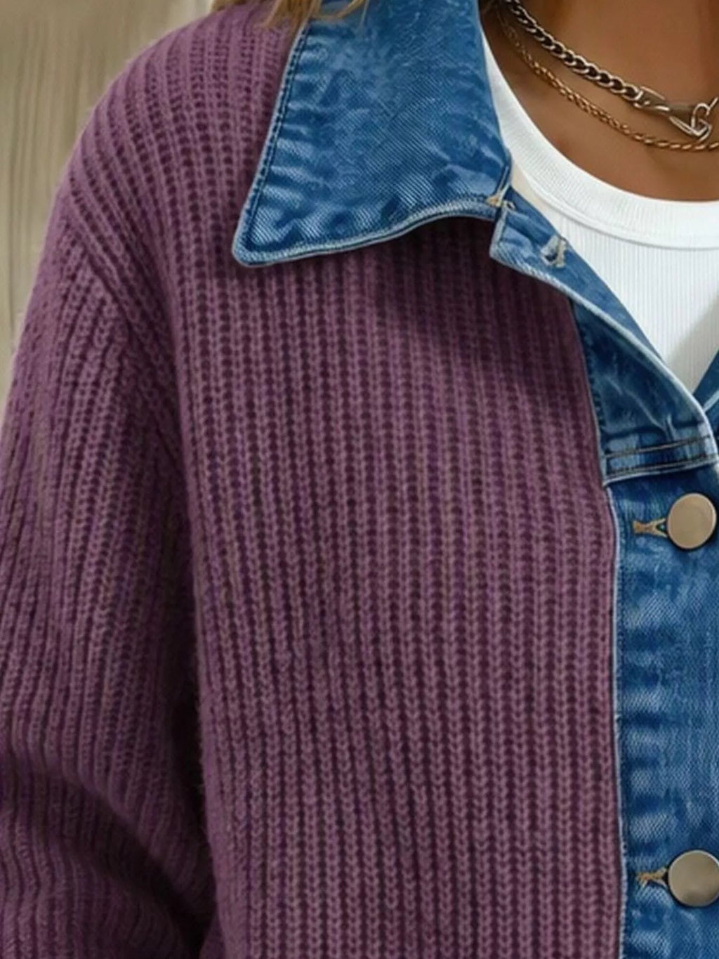 Denim Trim Button Up Cardigan - Artículos HE