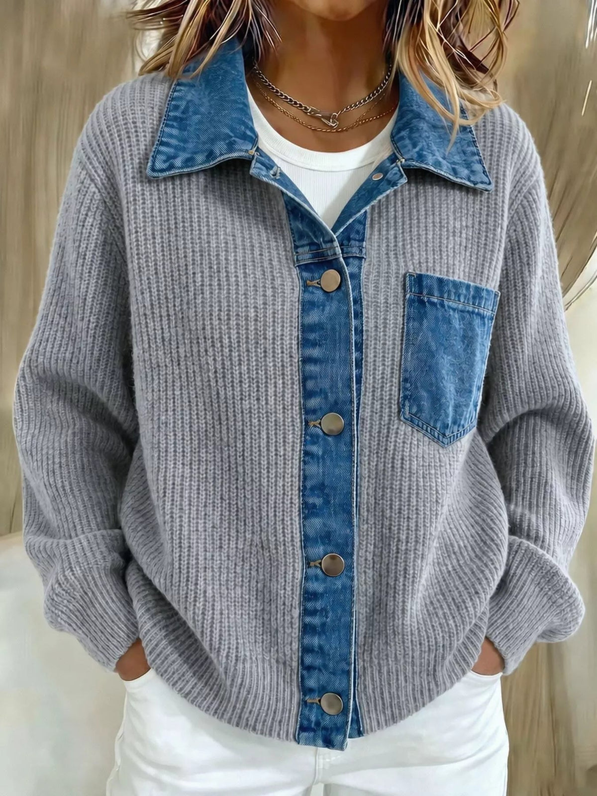 Denim Trim Button Up Cardigan - Artículos HE