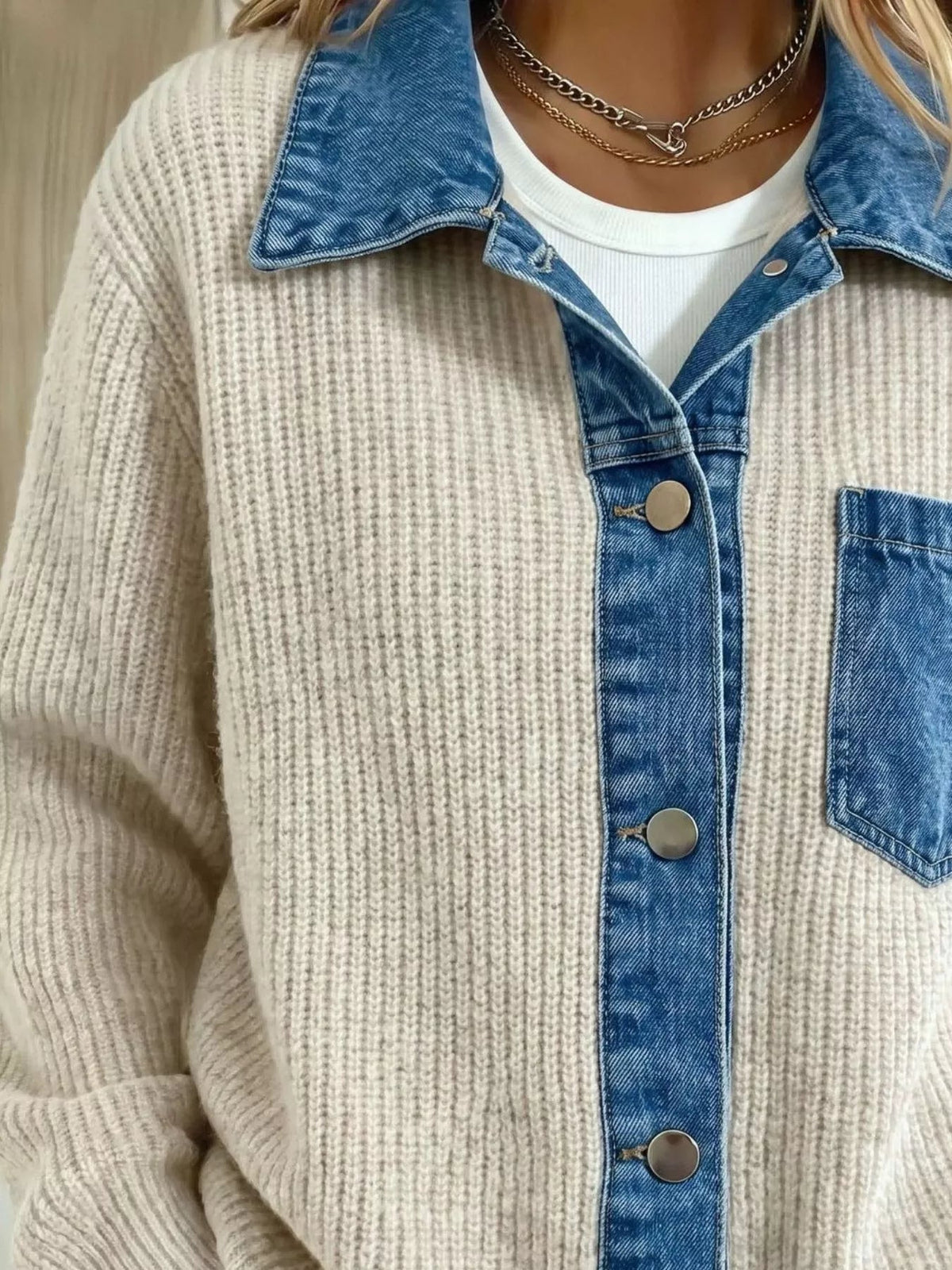 Denim Trim Button Up Cardigan - Artículos HE