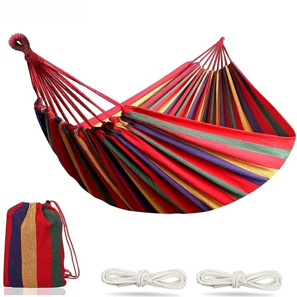 Double Hammock 2 Person Canvas Cotton Hammock with Tree Straps for Patio Garden Backyard Outdoor and Indoor (Red, Blue) - Artículos HE