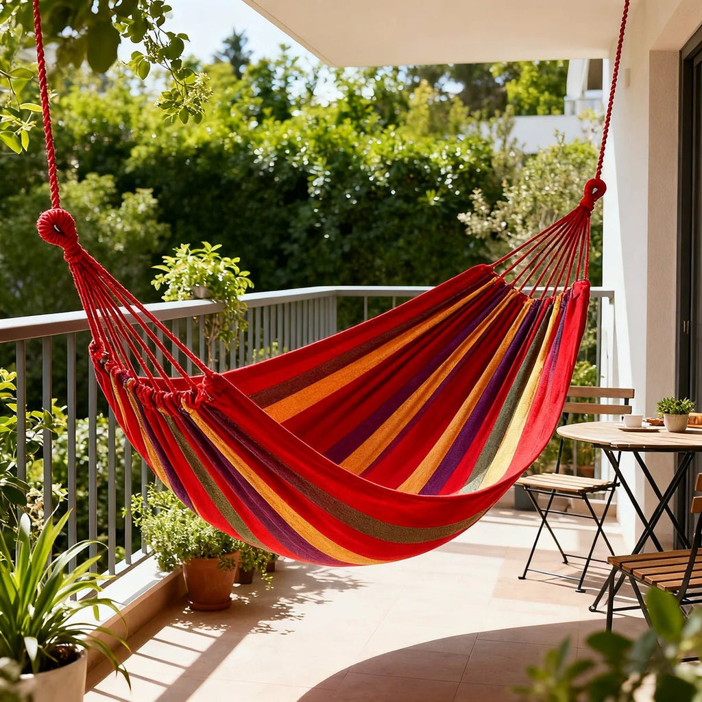 Double Hammock 2 Person Canvas Cotton Hammock with Tree Straps for Patio Garden Backyard Outdoor and Indoor (Red, Blue) - Artículos HE