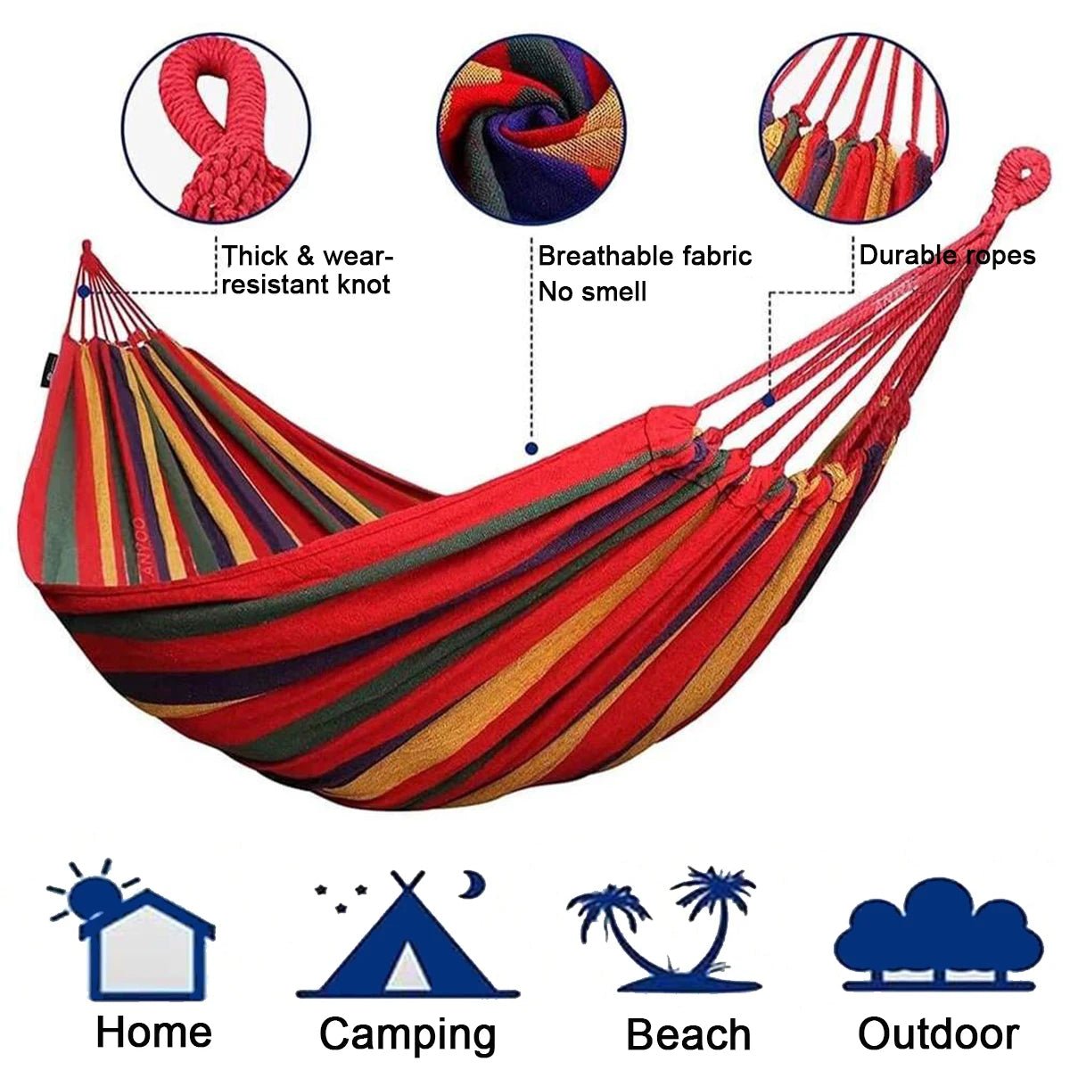 Double Hammock 2 Person Canvas Cotton Hammock with Tree Straps for Patio Garden Backyard Outdoor and Indoor (Red, Blue) - Artículos HE