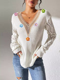 Floral Applique V-Neck Openwork Sweater - Artículos HE