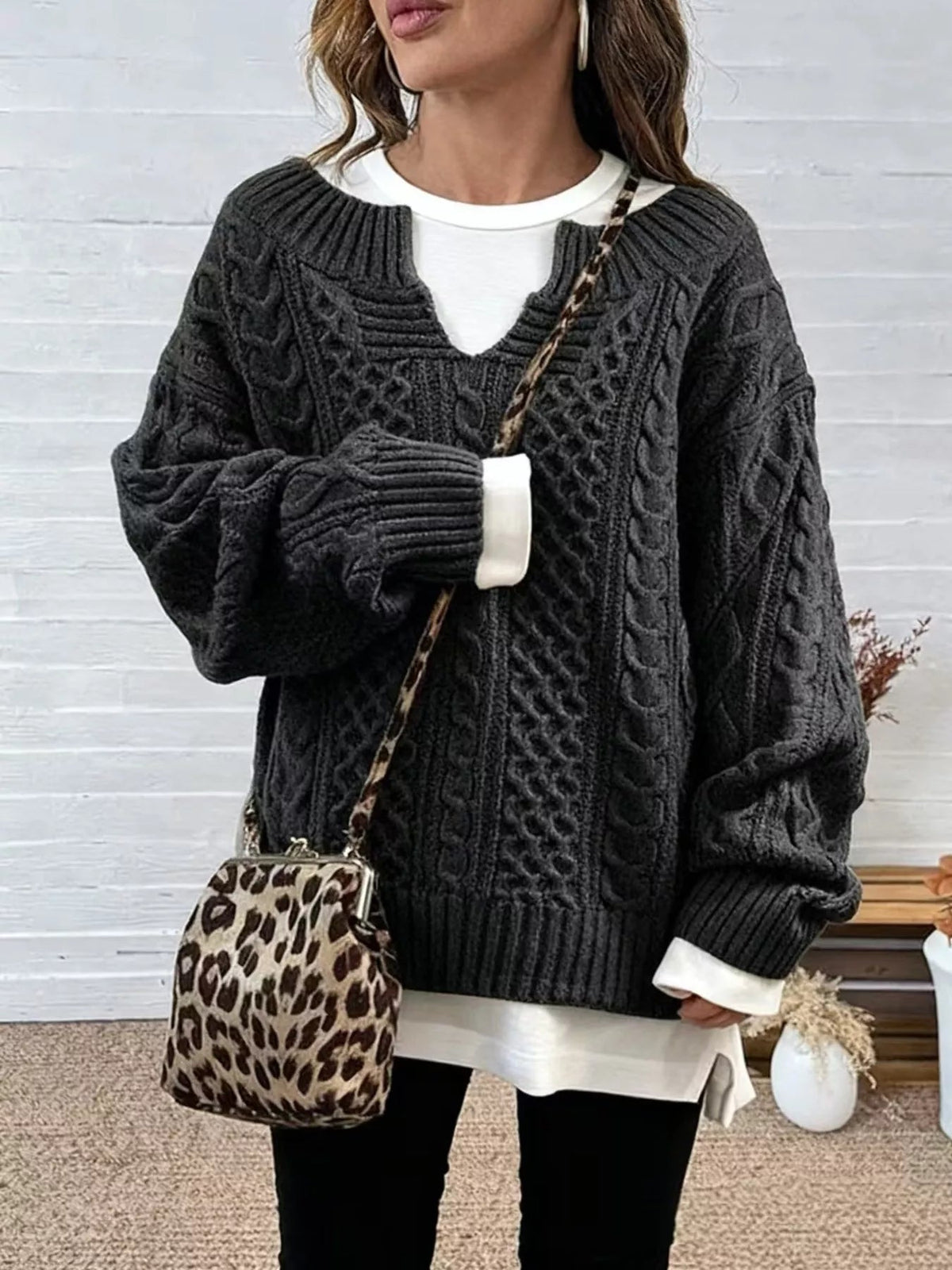 Full Size Cable Knit Dropped Shoulder Sweater Plus Size - Artículos HE