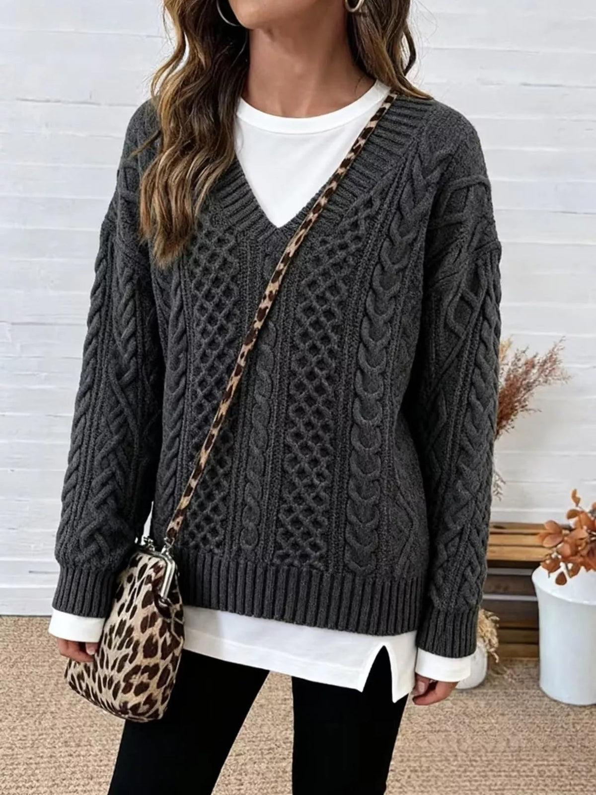 Full Size Cable Knit Dropped Shoulder Sweater Plus Size - Artículos HE