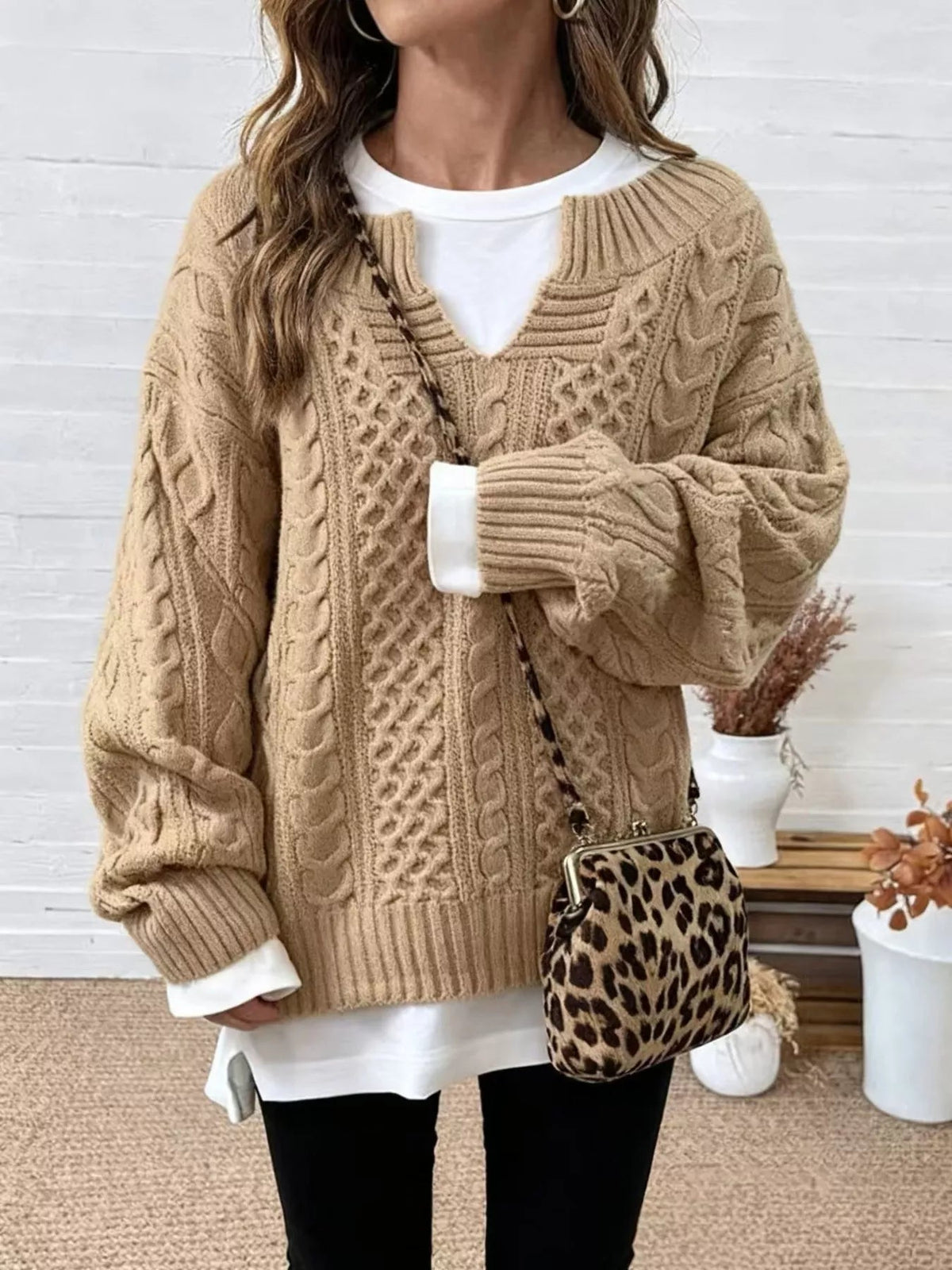 Full Size Cable Knit Dropped Shoulder Sweater Plus Size - Artículos HE