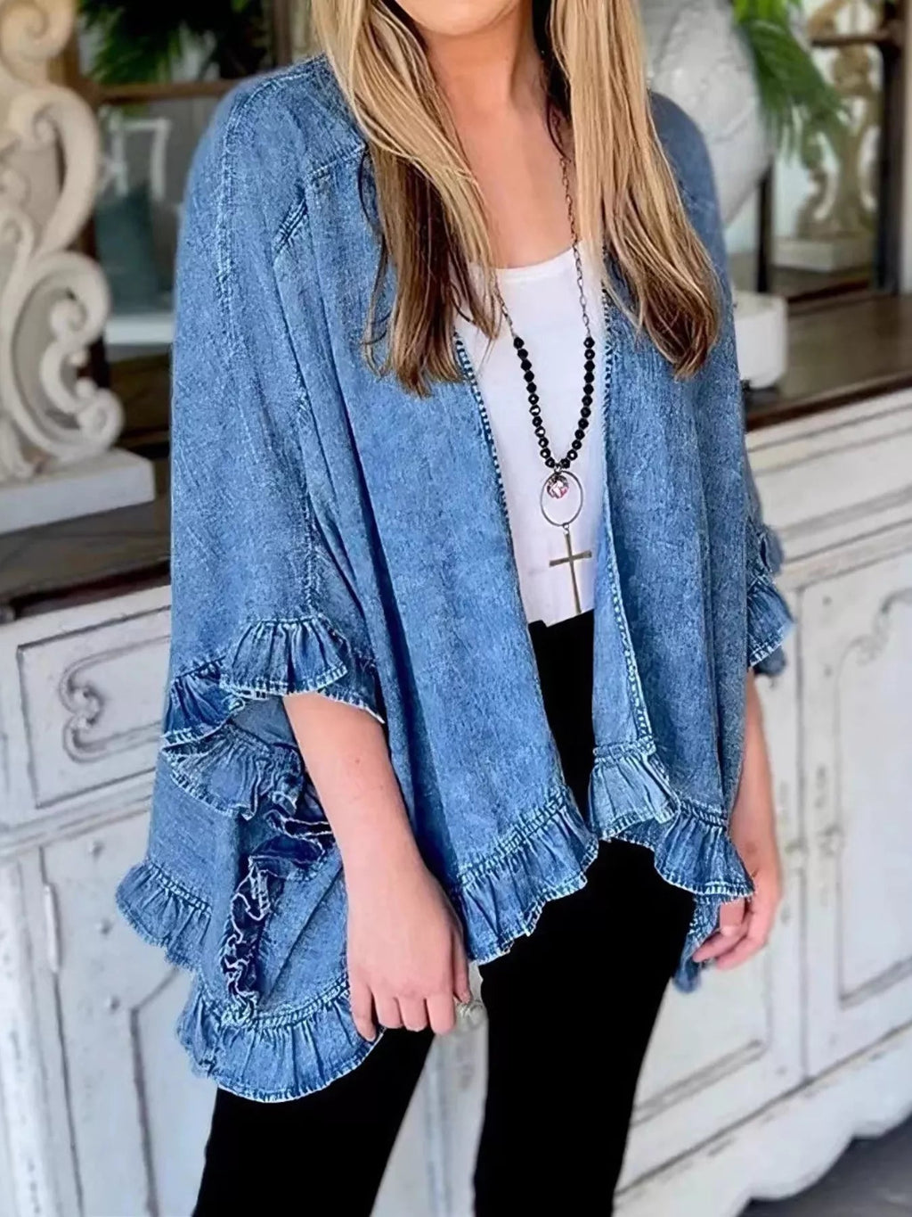 Full Size Ruffled Edge Open Front Denim Jacket Plus Size - Artículos HE