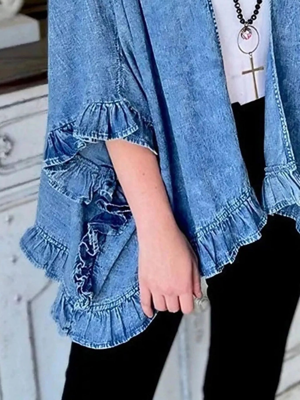 Full Size Ruffled Edge Open Front Denim Jacket Plus Size - Artículos HE