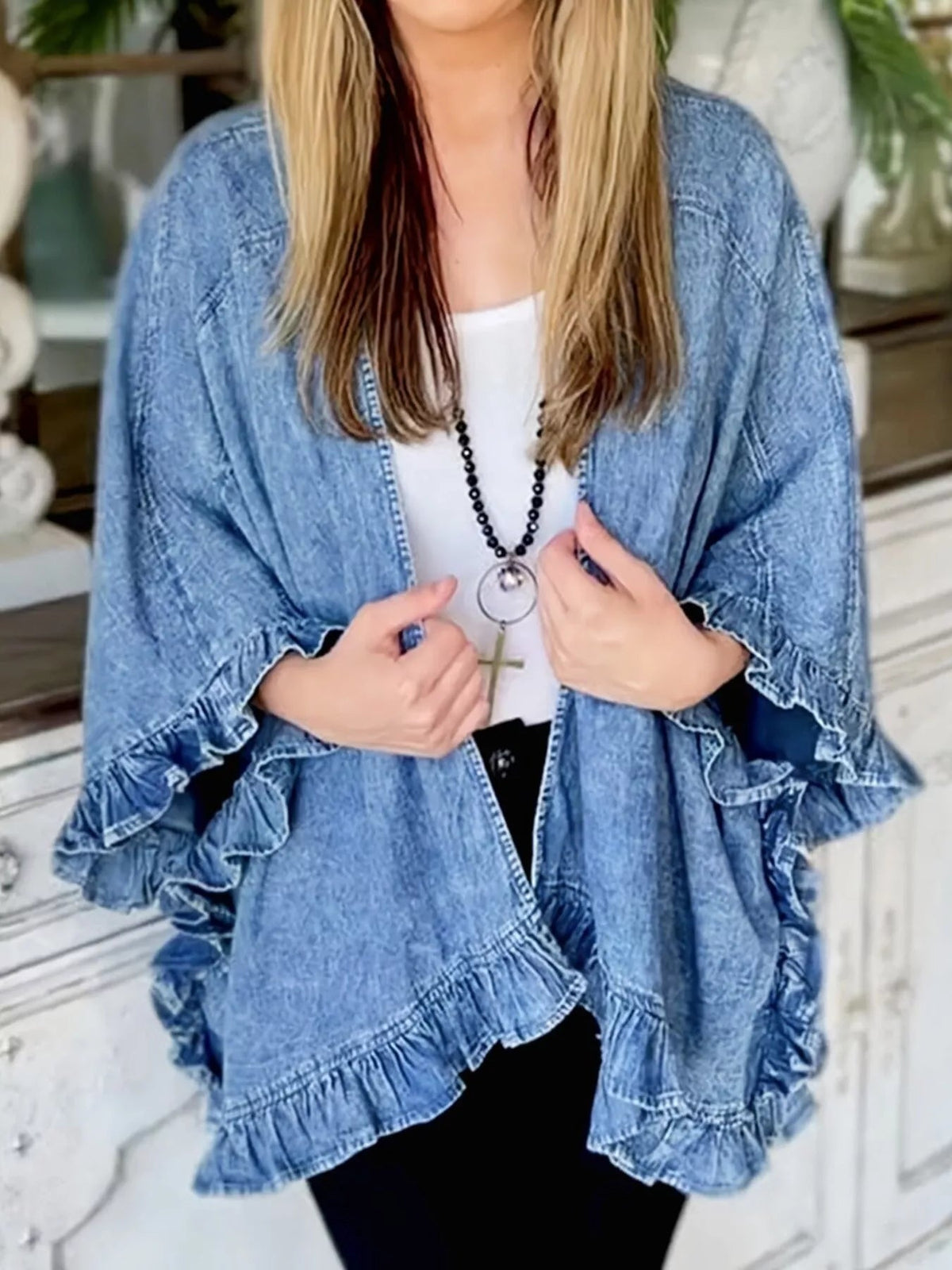 Full Size Ruffled Edge Open Front Denim Jacket Plus Size - Artículos HE