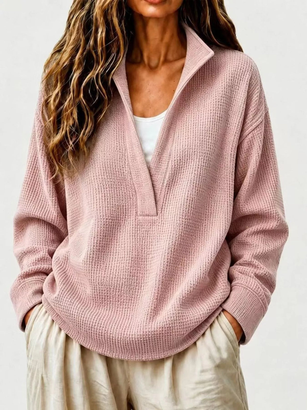 Full Size Waffle Knit Dropped Shoulder Sweatshirt Plus Size - Artículos HE