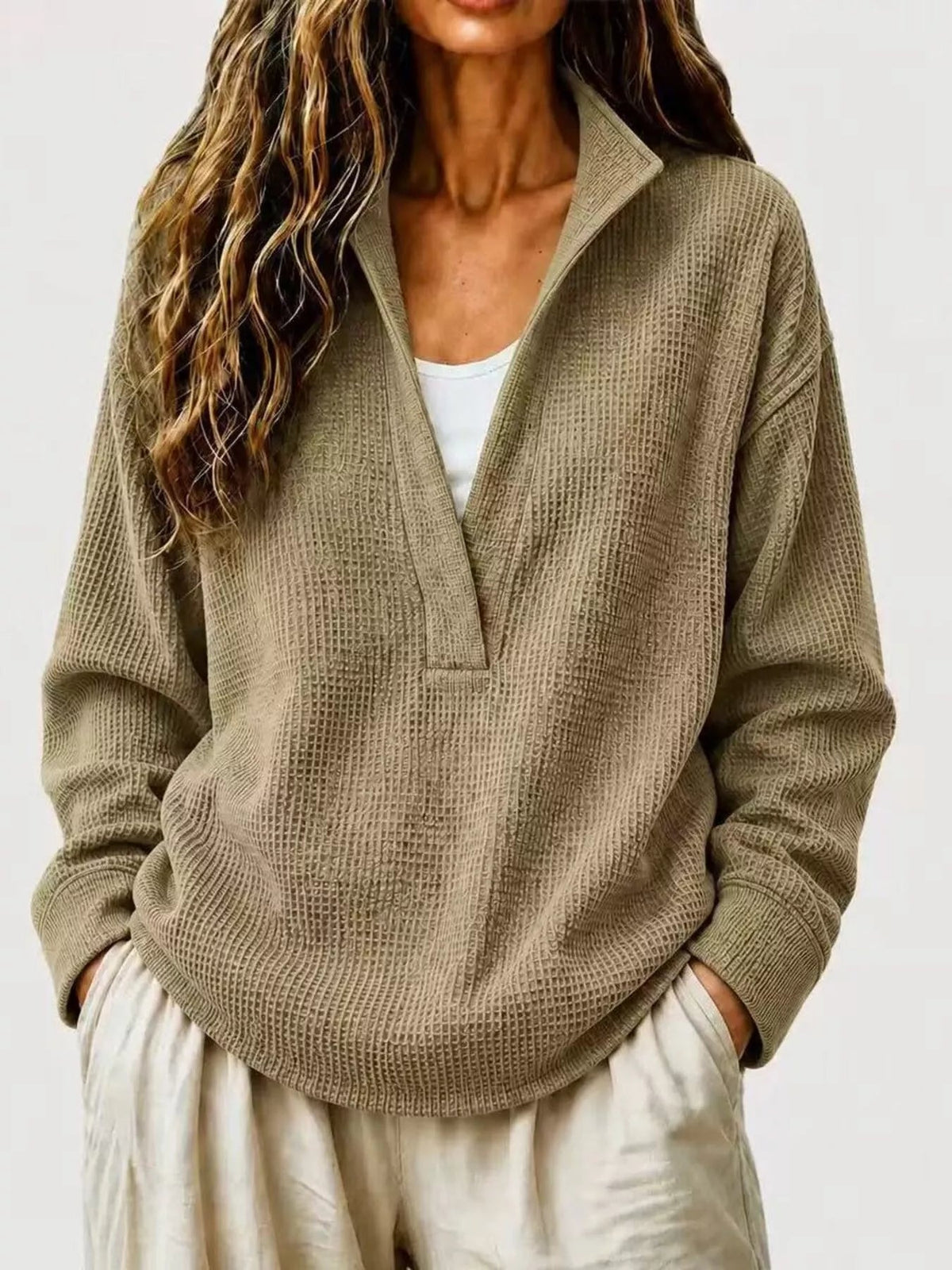 Full Size Waffle Knit Dropped Shoulder Sweatshirt Plus Size - Artículos HE