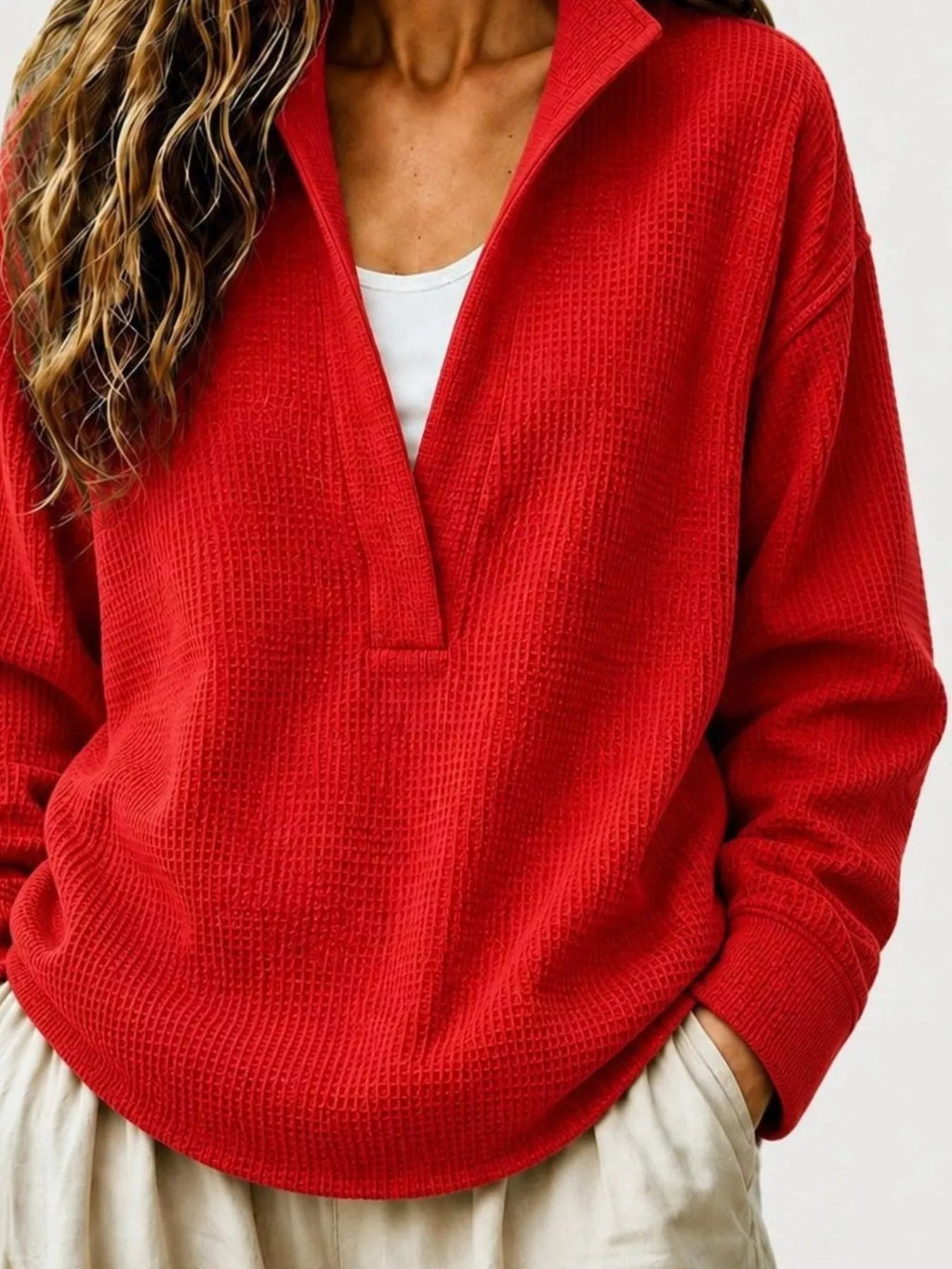 Full Size Waffle Knit Dropped Shoulder Sweatshirt Plus Size - Artículos HE