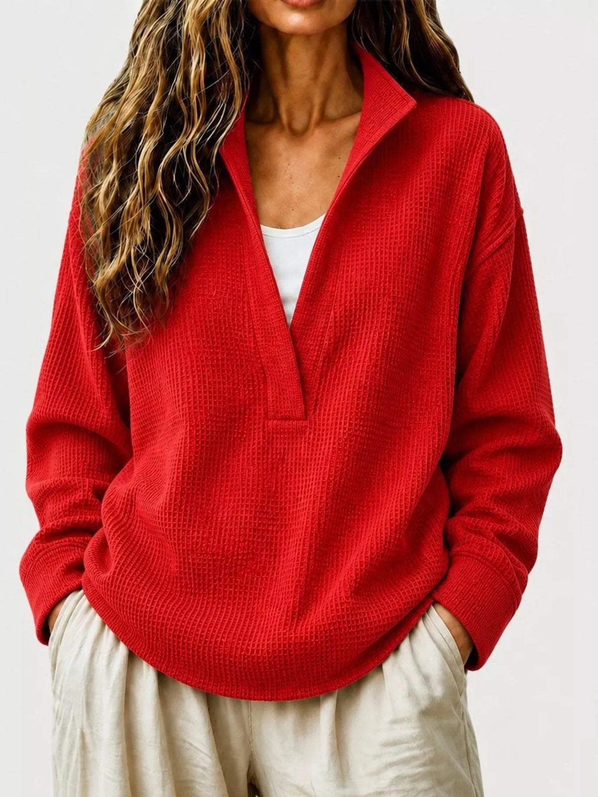 Full Size Waffle Knit Dropped Shoulder Sweatshirt Plus Size - Artículos HE