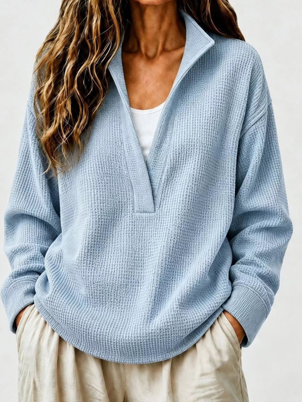 Full Size Waffle Knit Dropped Shoulder Sweatshirt Plus Size - Artículos HE
