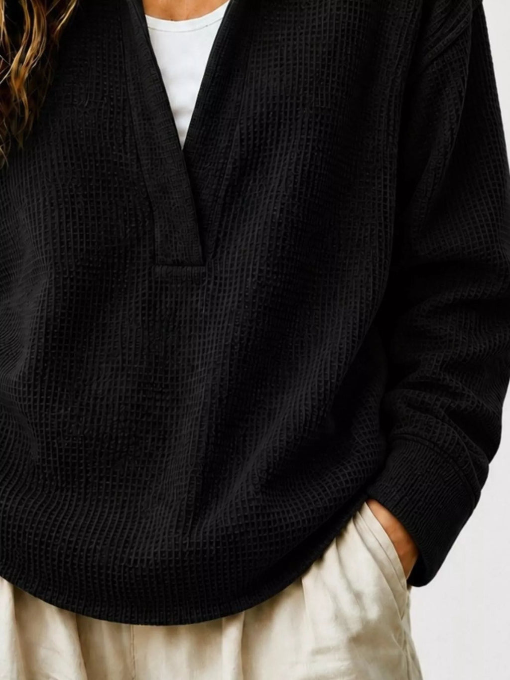 Full Size Waffle Knit Dropped Shoulder Sweatshirt Plus Size - Artículos HE