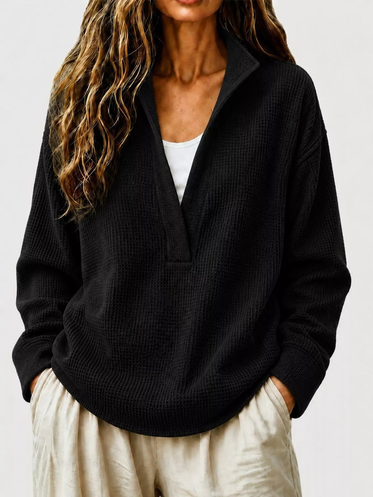 Full Size Waffle Knit Dropped Shoulder Sweatshirt Plus Size - Artículos HE