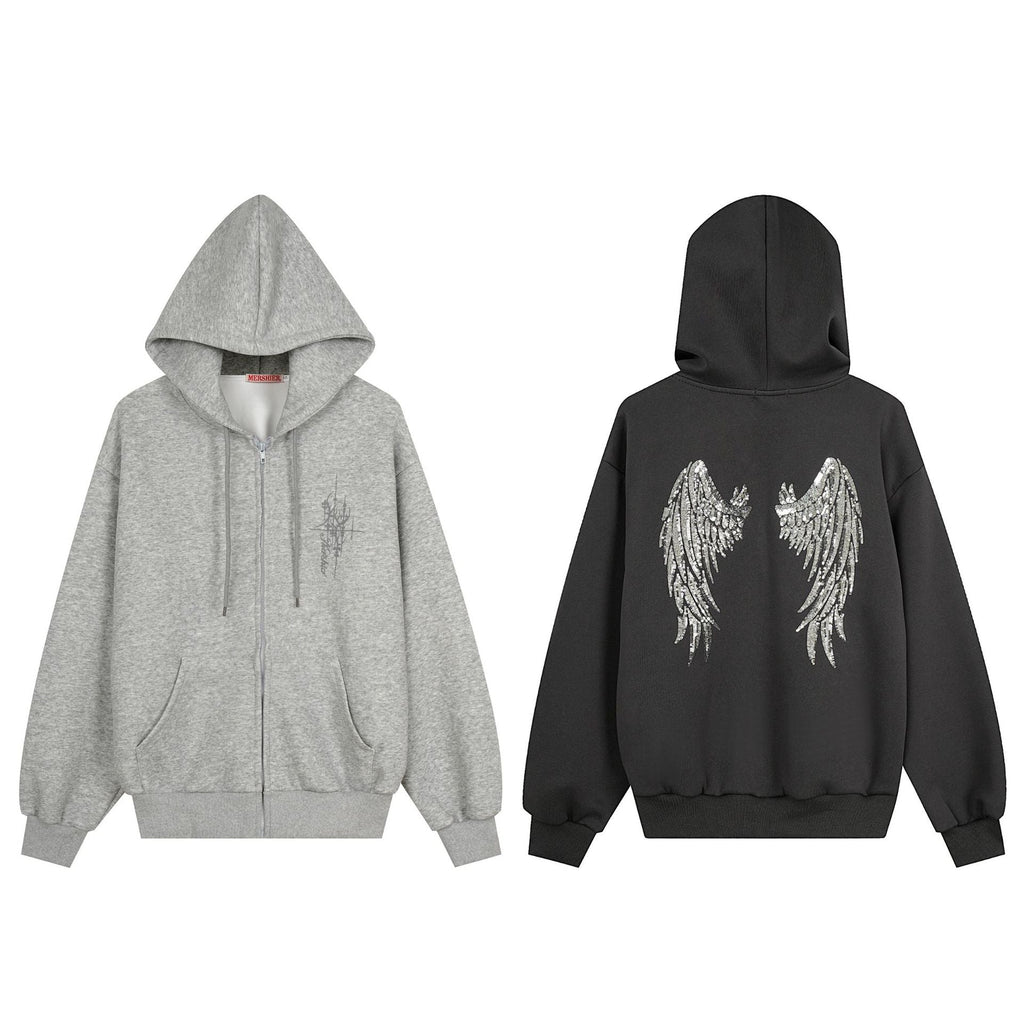 Graffiti Print Oversized Hooded Open Front Sweatshirt Jacket with Back Sequin Wings Unisex Casual - Artículos HE