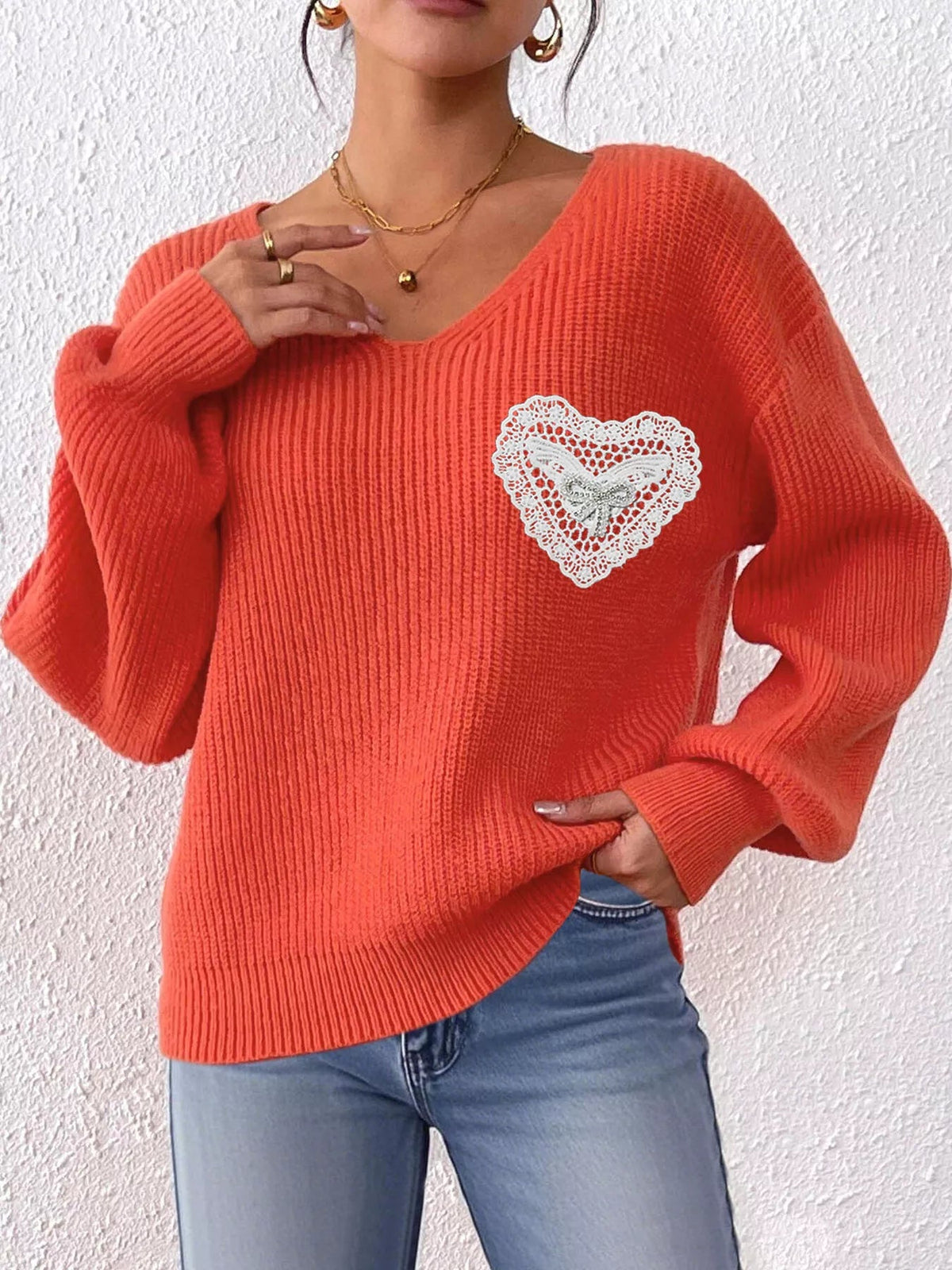 Lace Heart Dropped Shoulder Sweater - Artículos HE