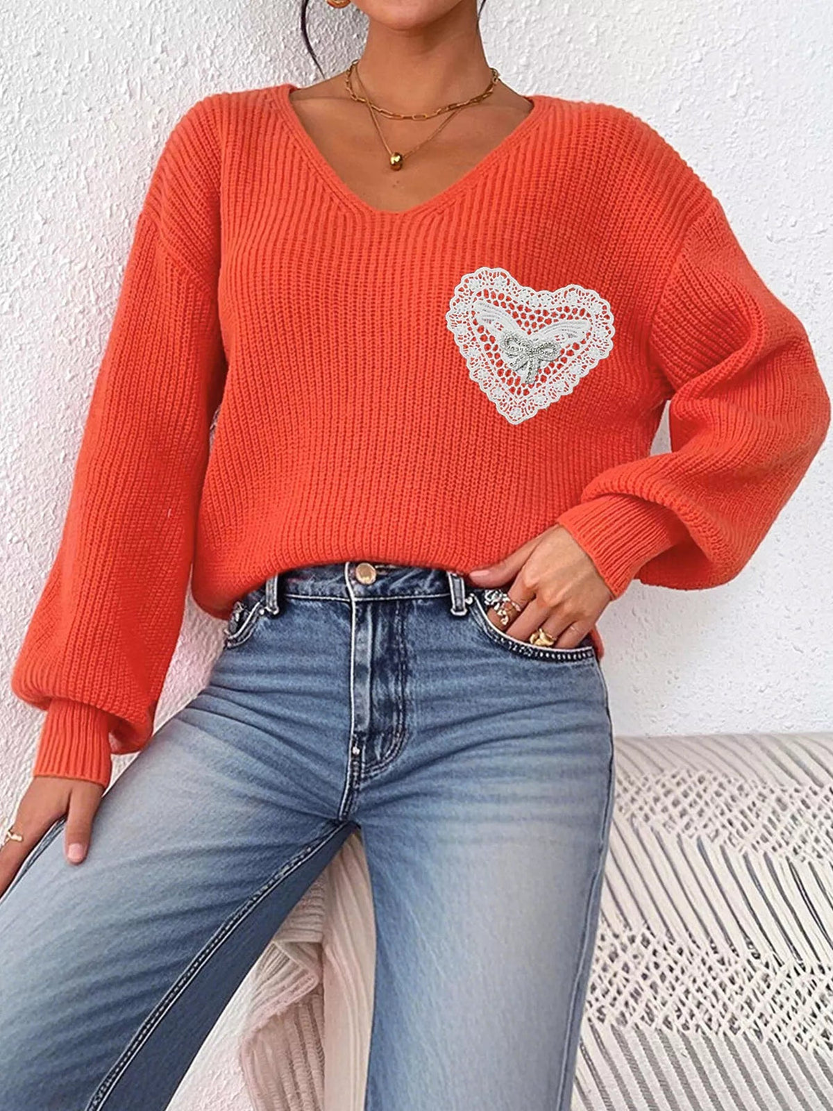 Lace Heart Dropped Shoulder Sweater - Artículos HE