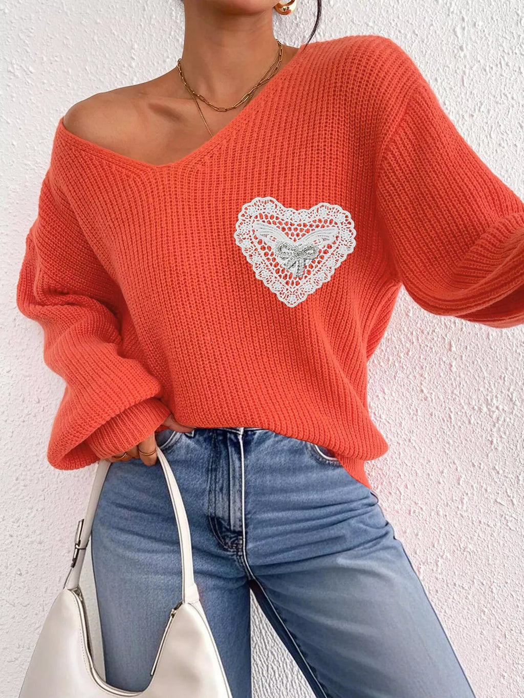 Lace Heart Dropped Shoulder Sweater - Artículos HE
