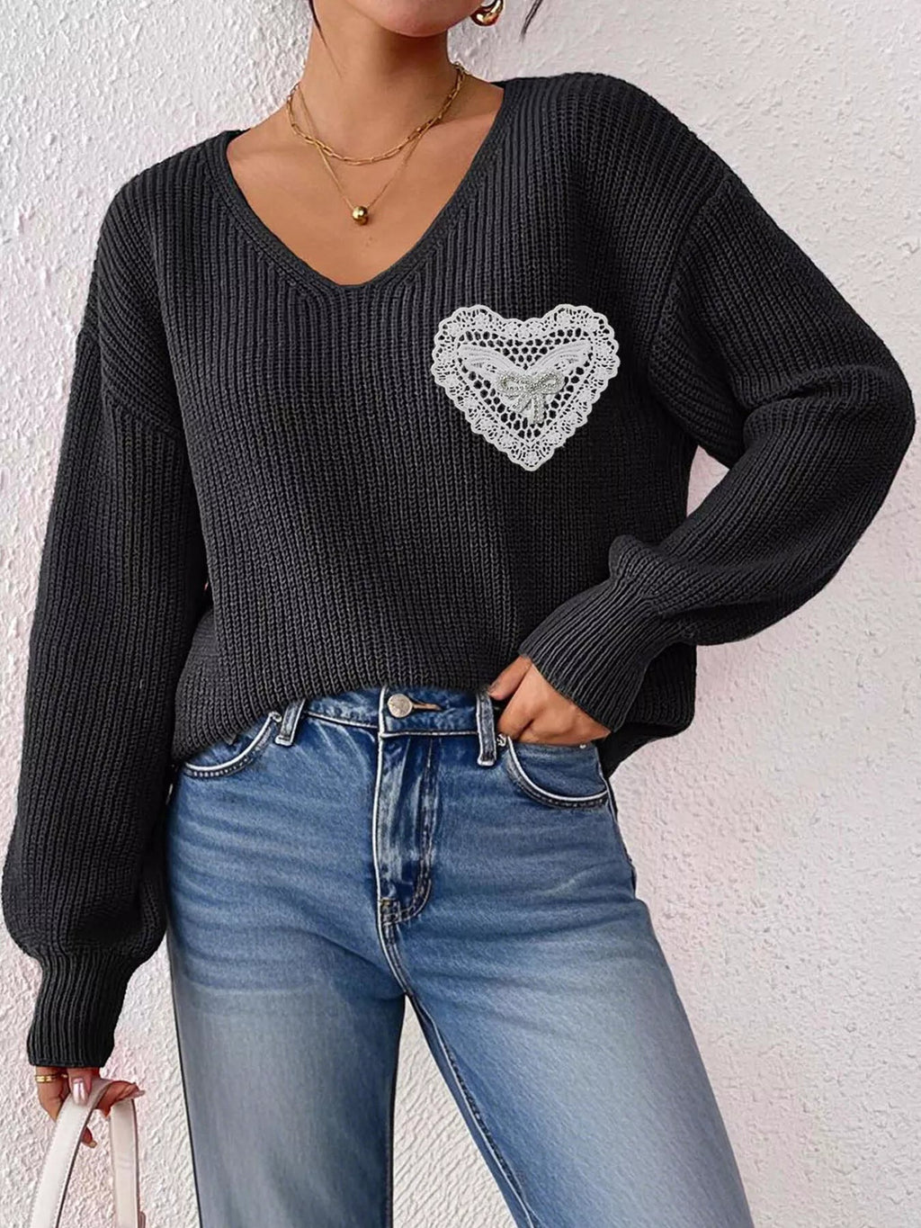 Lace Heart Dropped Shoulder Sweater - Artículos HE