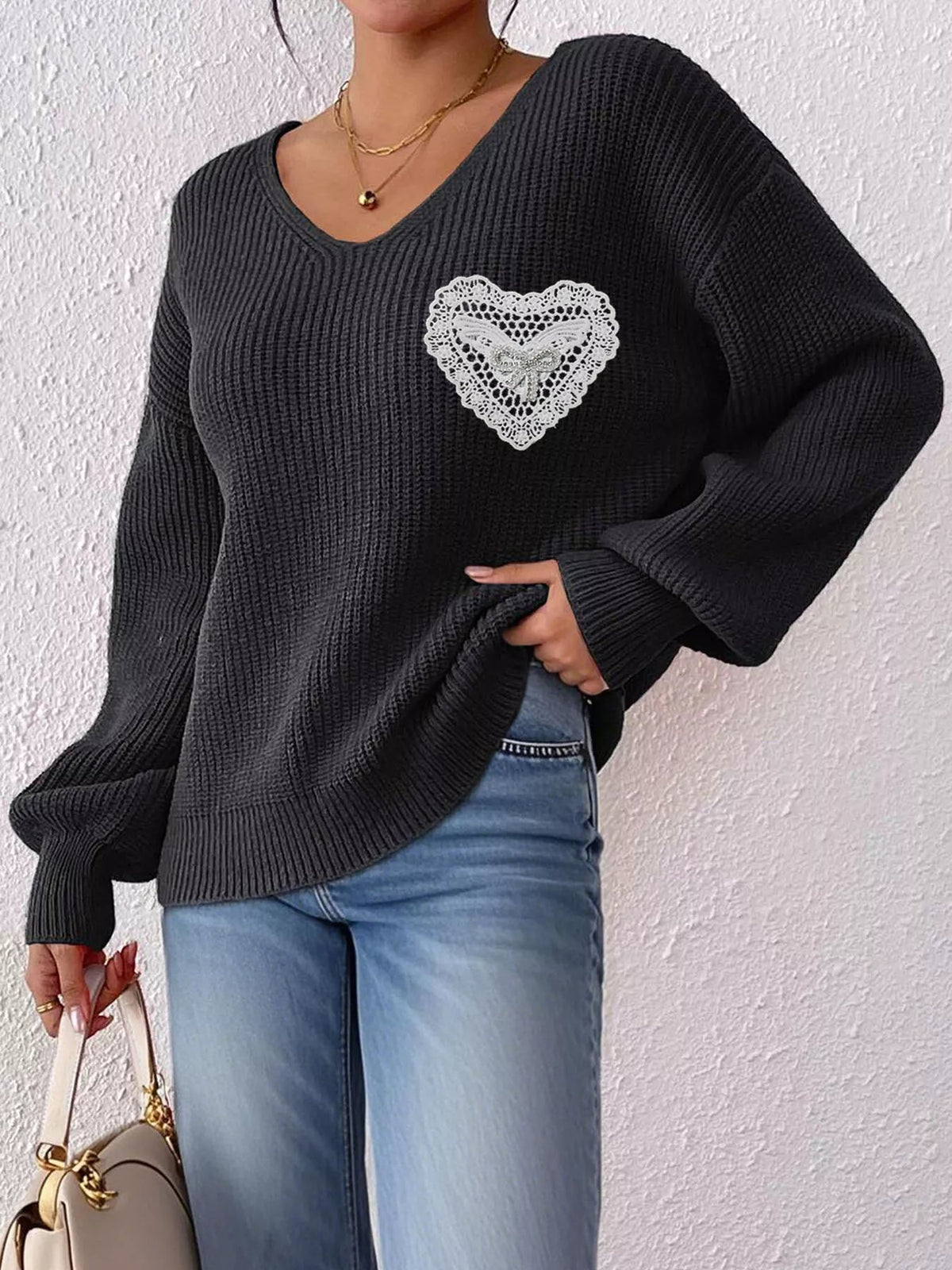 Lace Heart Dropped Shoulder Sweater - Artículos HE