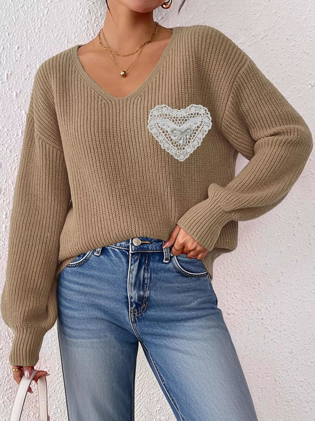 Lace Heart Dropped Shoulder Sweater - Artículos HE