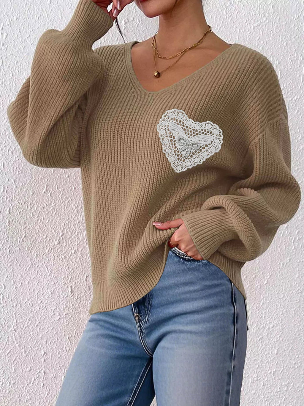 Lace Heart Dropped Shoulder Sweater - Artículos HE