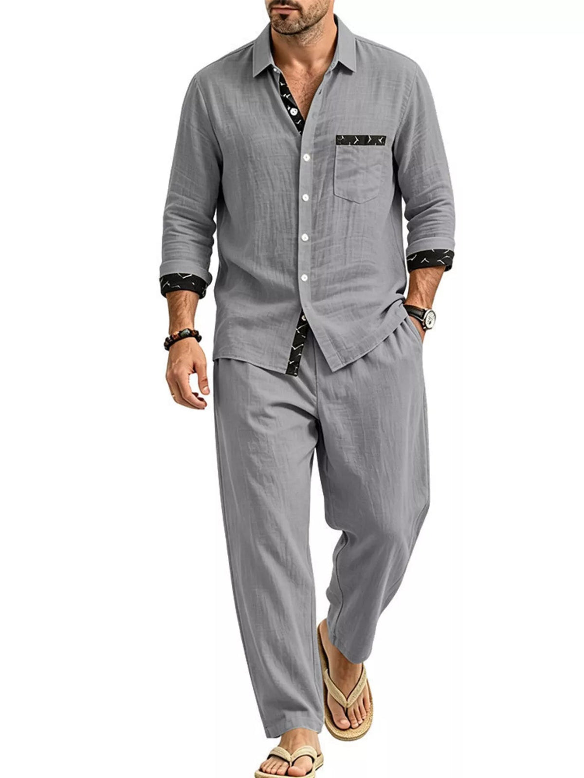 Men's Full Size Casual Button Up Shirt and Pants Two-Piece Set Plus Size - Artículos HE