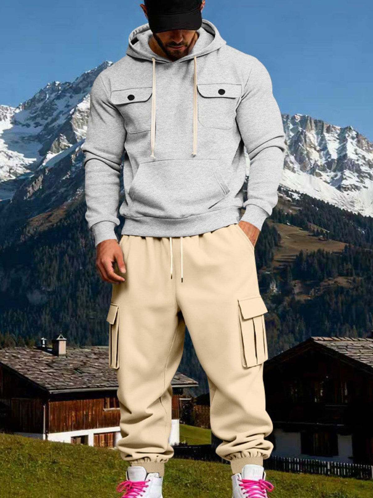 Men's Full Size Kangaroo Pocket Hoodie and Sweatpants Two-Piece Set Plus Size - Artículos HE