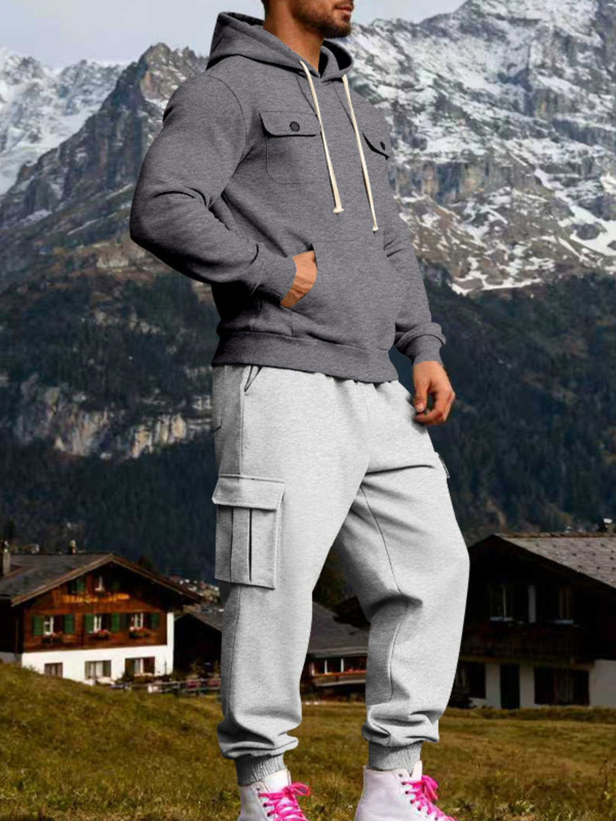 Men's Full Size Kangaroo Pocket Hoodie and Sweatpants Two-Piece Set Plus Size - Artículos HE