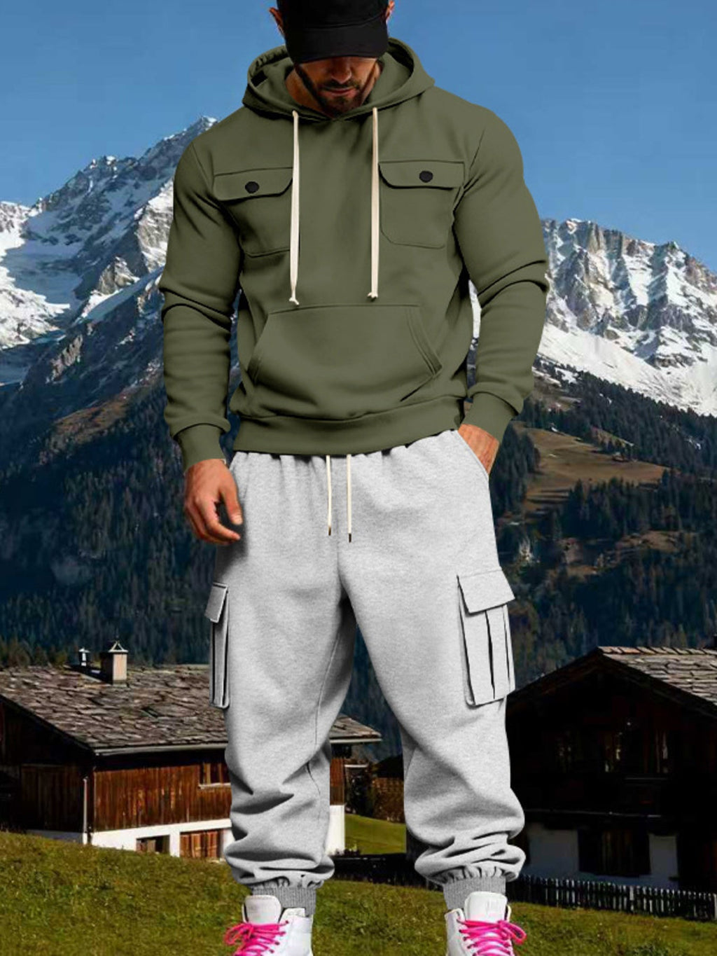 Men's Full Size Kangaroo Pocket Hoodie and Sweatpants Two-Piece Set Plus Size - Artículos HE