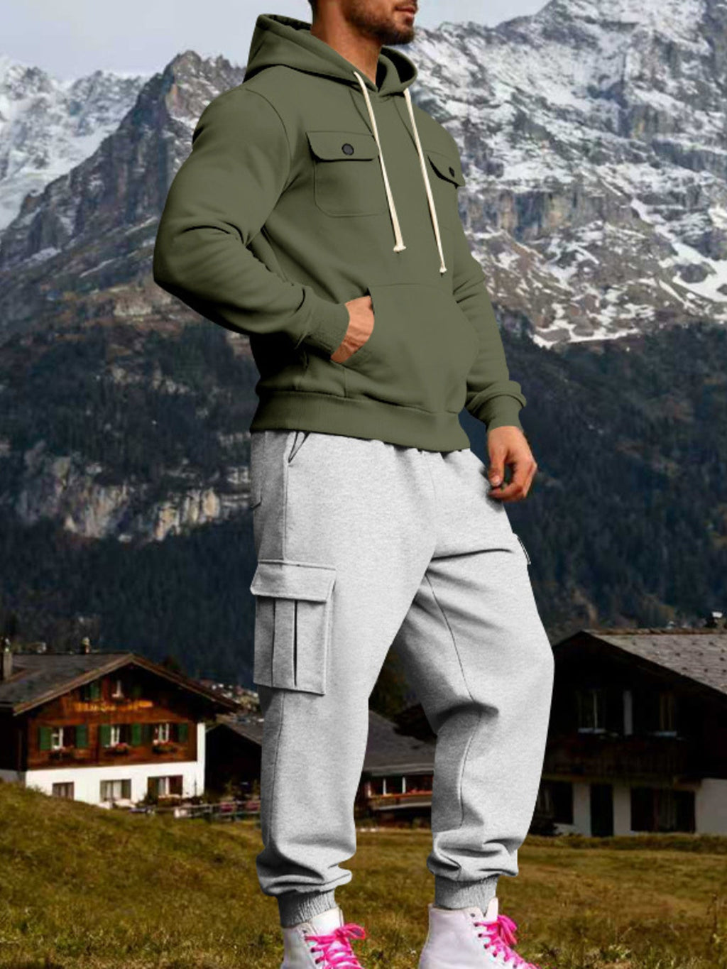 Men's Full Size Kangaroo Pocket Hoodie and Sweatpants Two-Piece Set Plus Size - Artículos HE