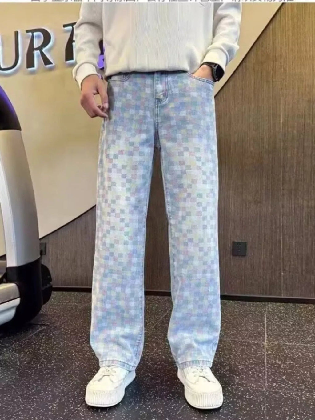 Men's Full Size Pastel Checkerboard Wide-Leg Jeans Plus Size - Artículos HE