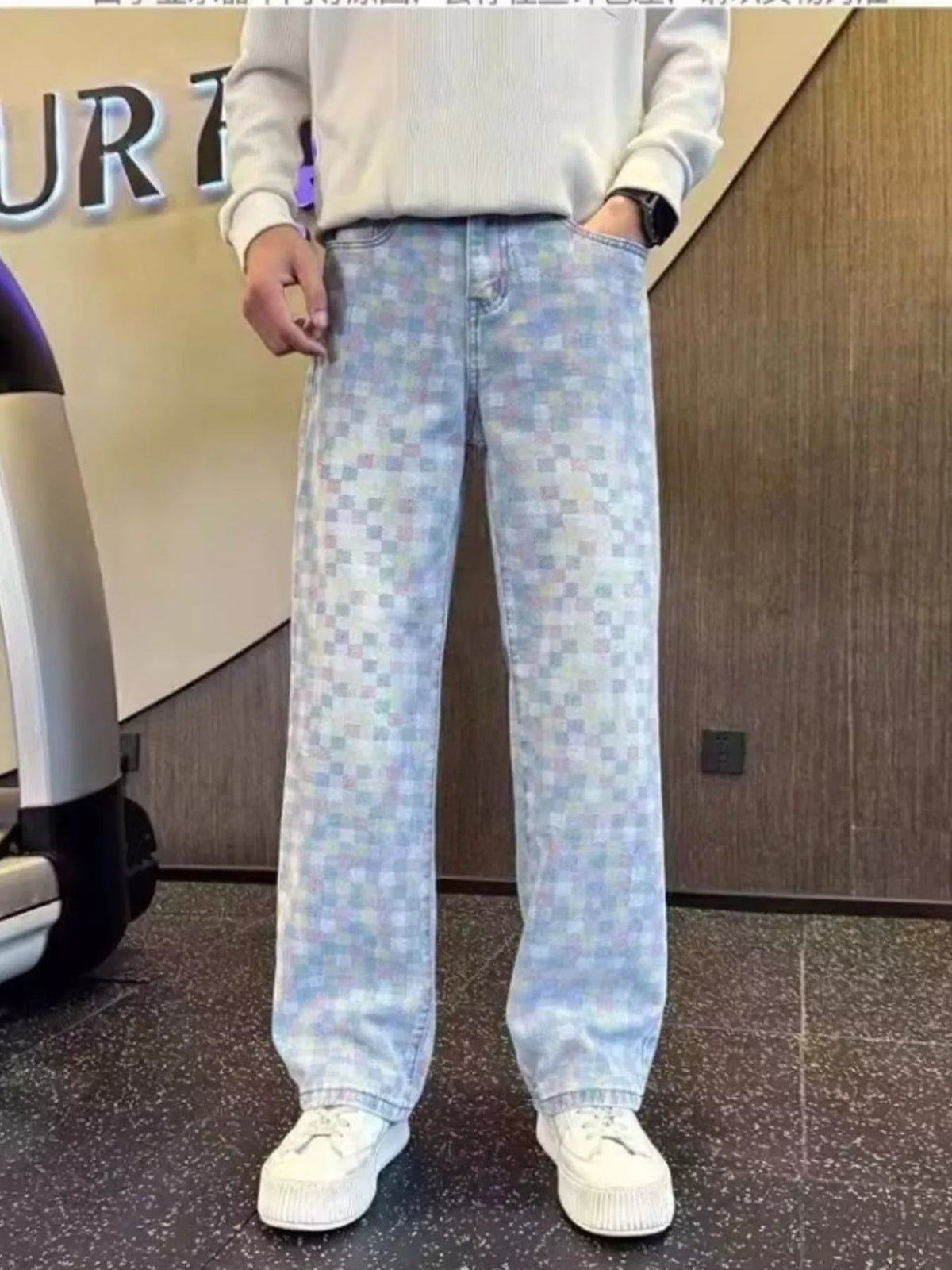 Men's Full Size Pastel Checkerboard Wide-Leg Jeans Plus Size - Artículos HE