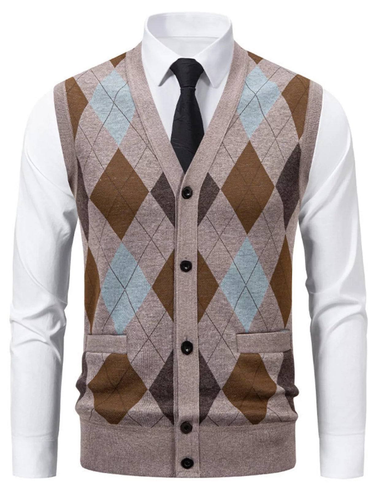 Men's Plus Size Argyle Pattern V-Neck Button-Down Cardigan Vest - Artículos HE