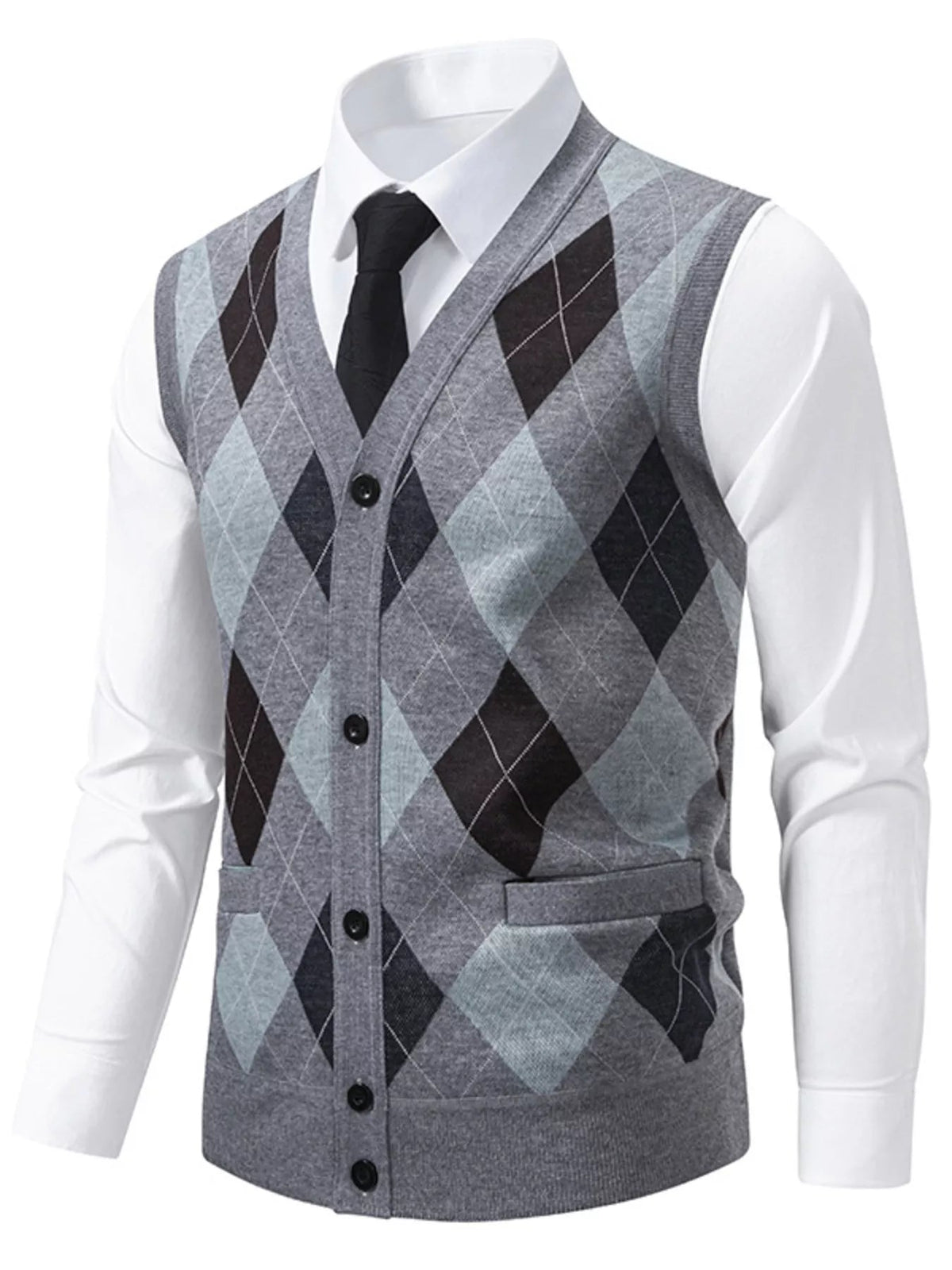 Men's Plus Size Argyle Pattern V-Neck Button-Down Cardigan Vest - Artículos HE