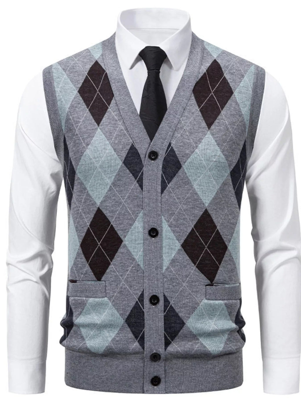 Men's Plus Size Argyle Pattern V-Neck Button-Down Cardigan Vest - Artículos HE