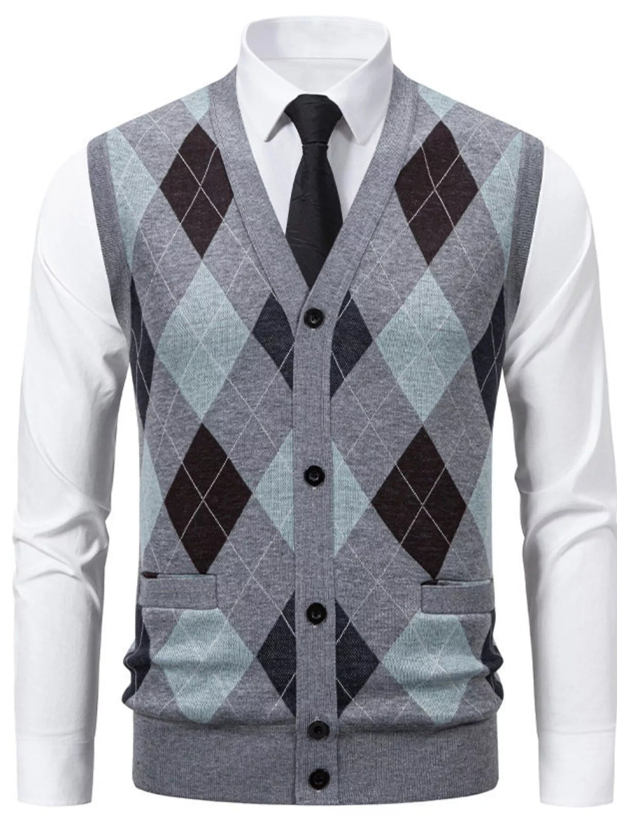 Men's Plus Size Argyle Pattern V-Neck Button-Down Cardigan Vest - Artículos HE