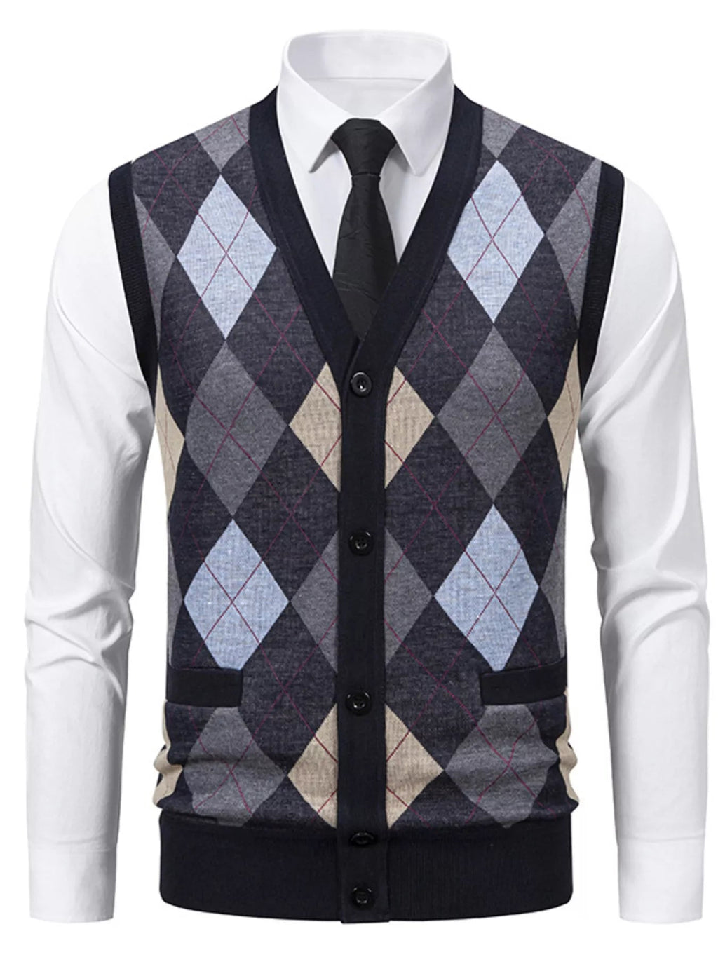 Men's Plus Size Argyle Pattern V-Neck Button-Down Cardigan Vest - Artículos HE
