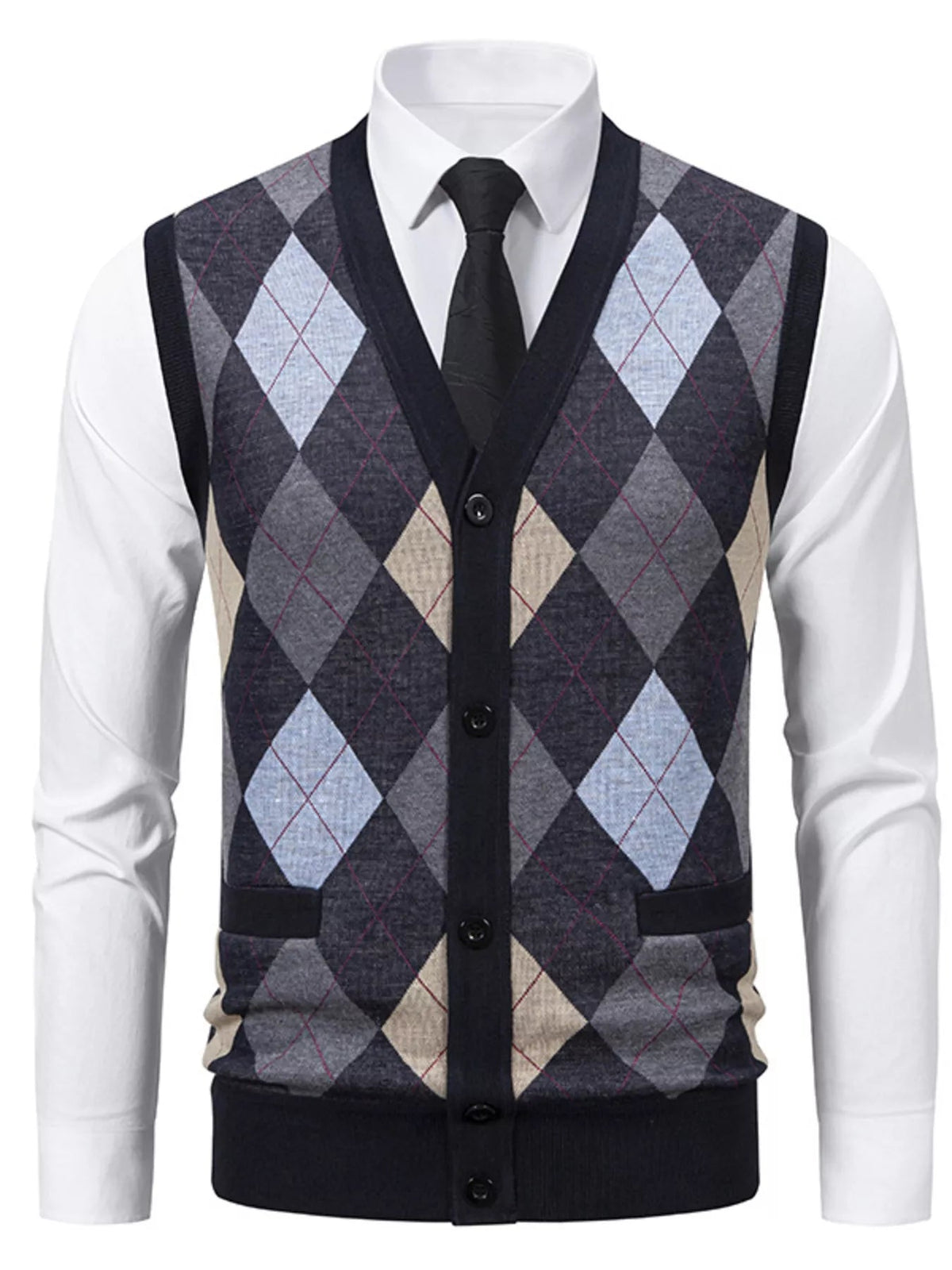 Men's Plus Size Argyle Pattern V-Neck Button-Down Cardigan Vest - Artículos HE
