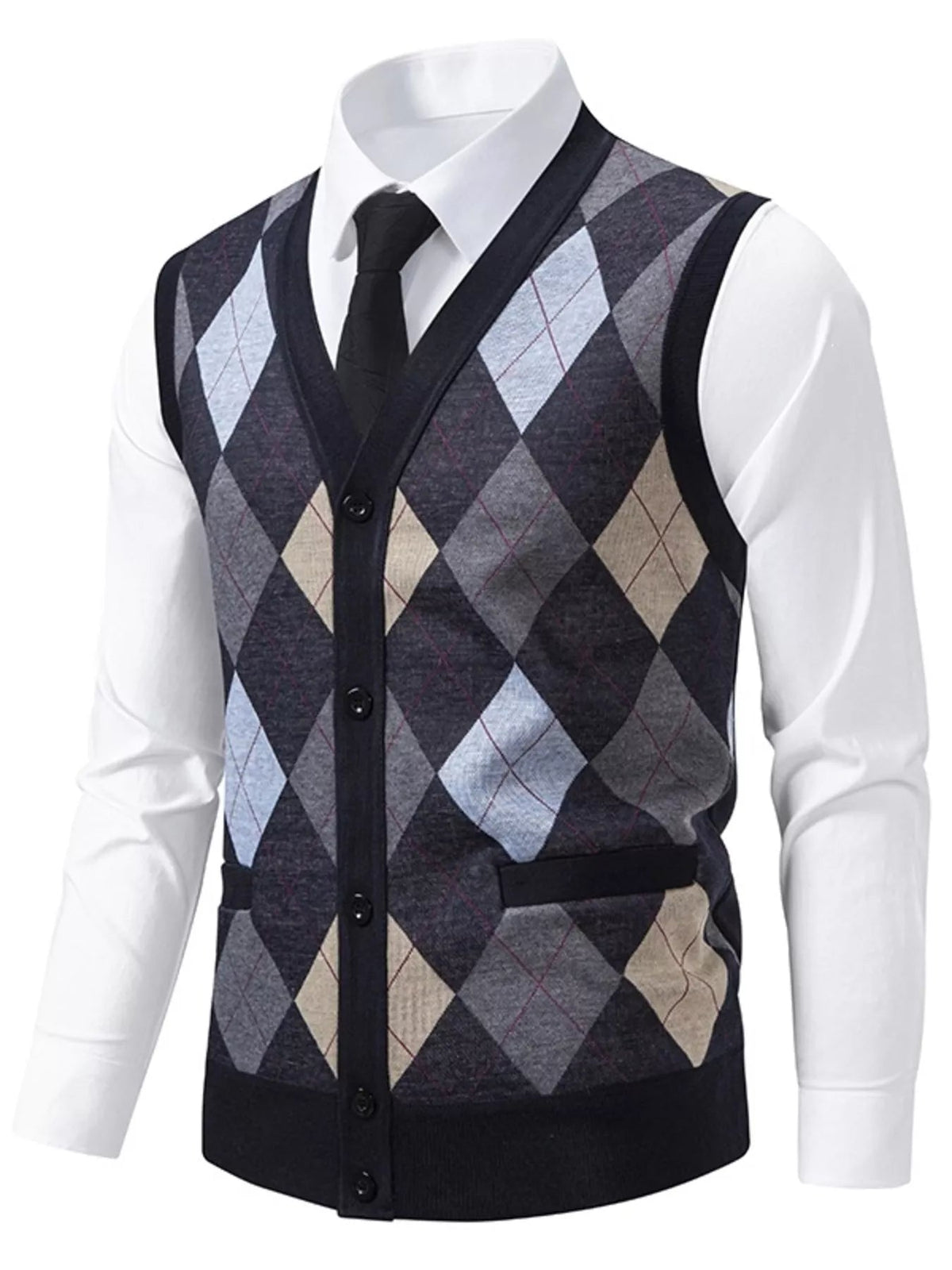 Men's Plus Size Argyle Pattern V-Neck Button-Down Cardigan Vest - Artículos HE