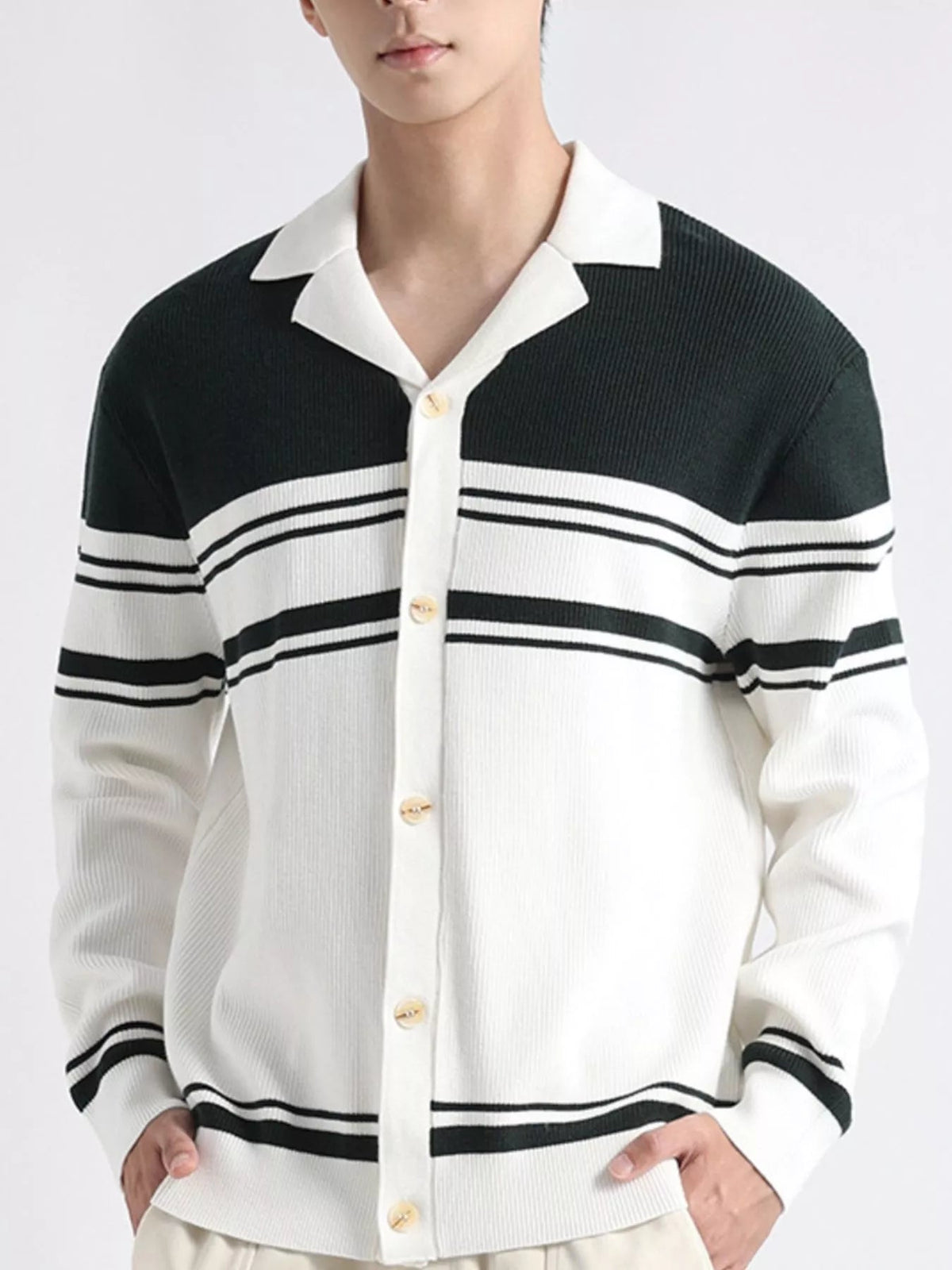 Men's Plus Size Contrast Striped Button-Down Cardigan - Artículos HE